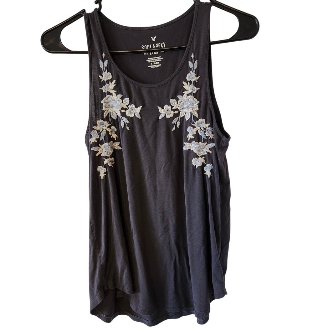 American Eagle Soft & Sexy Tank Top Small Gray Floral Embroidered Career Dress